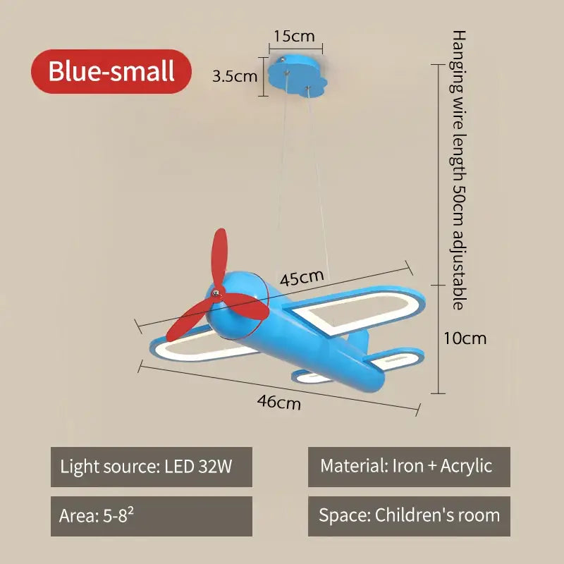 Blue iron and acrylic airplane-shaped pendant light with red propeller and white wings decorbites cartoon airplane kids decor