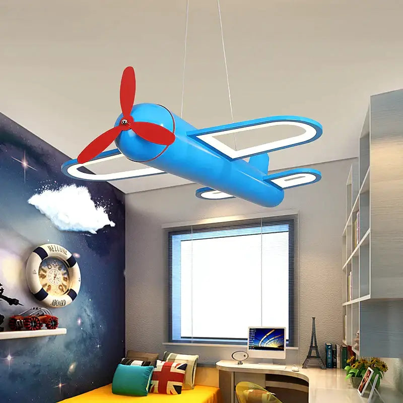Blue and red decorbites cartoon airplane pendant light with illuminated wings for kids bedroom decor