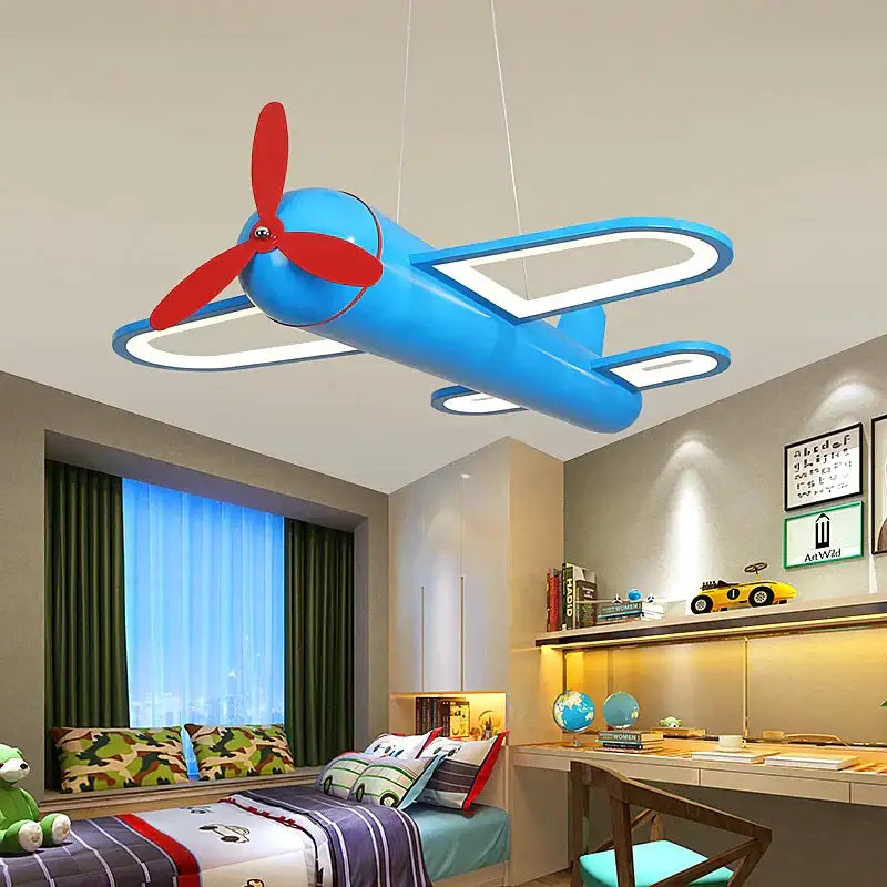 Blue and red cartoon airplane kids pendant light with illuminated wings for bedroom decorbites cartoon airplane decorbites