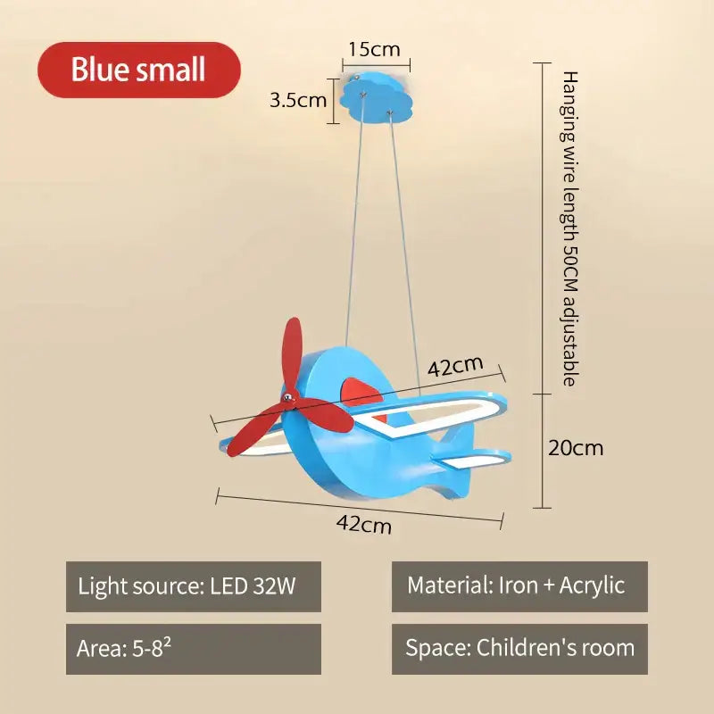 Blue and red cartoon airplane kids pendant light made of iron and acrylic by decorbites for kids bedroom decor