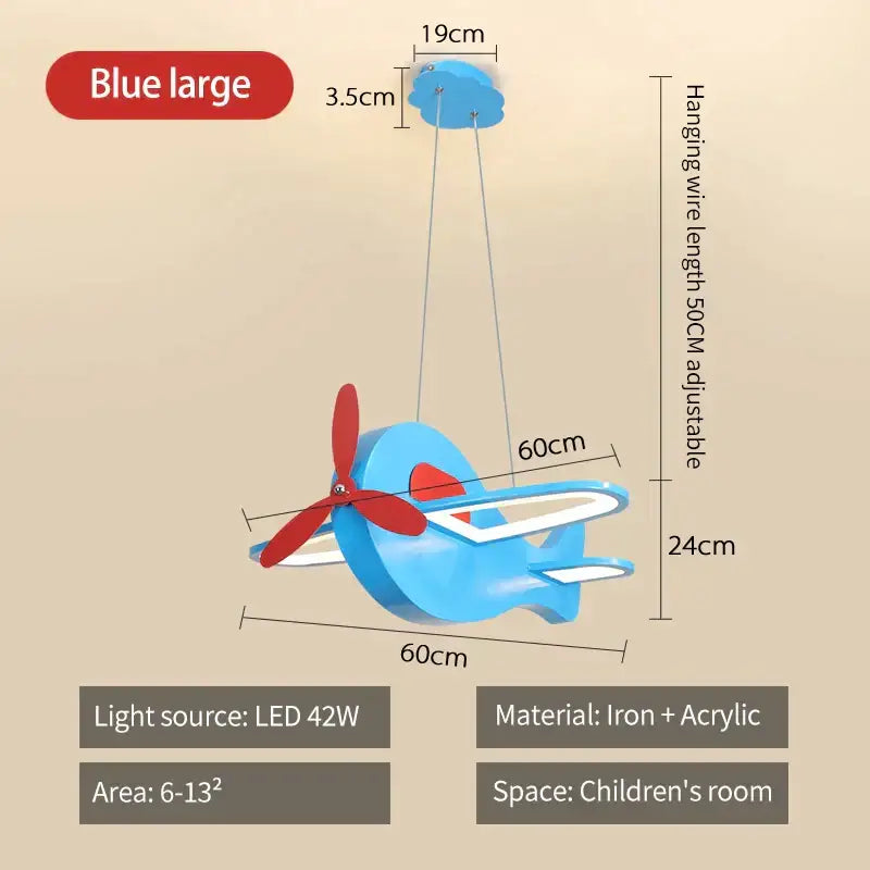 Blue iron and acrylic cartoon airplane kids pendant light with red propeller and white accents for bedroom decorbites cartoon airplane