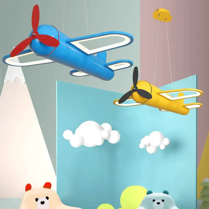 Blue and red cartoon airplane pendant light with white led wing strips for kids bedroom decorbites cartoon airplane