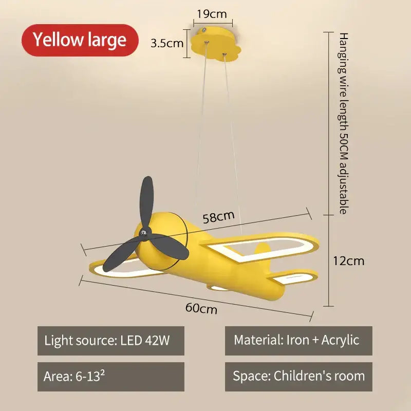Yellow iron and acrylic pendant light shaped like an airplane with black propeller decorbites cartoon airplane kids room decor