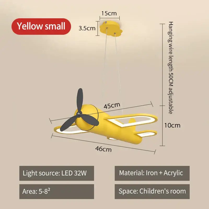 Yellow iron and acrylic airplane-shaped pendant light with black propeller led lighting decorbites cartoon airplane kids room