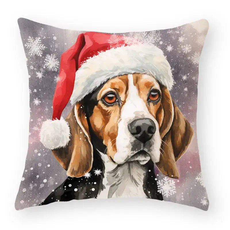A festive animal christmas pillowcase featuring a beagle in a santa hat on a snowy gray background for decorbites cartoon animal set