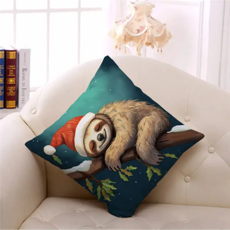 Cozy square pillow with a cartoon animal christmas sloth in a santa hat on a deep teal background for decorbites animal christmas pillowcase set