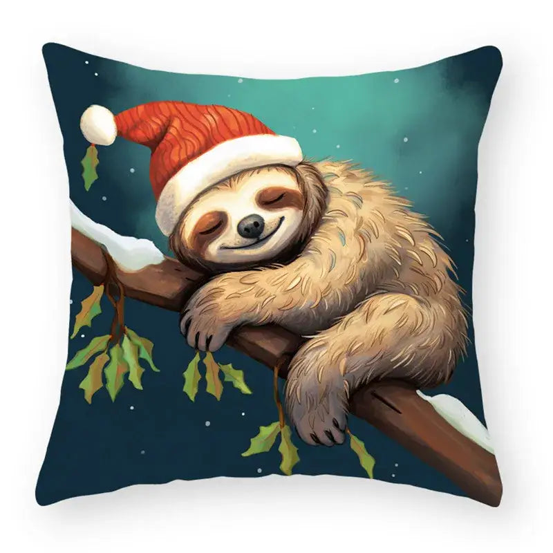A cozy square animal christmas pillowcase featuring a sloth in a santa hat on a snowy branch by decorbites cartoon animal