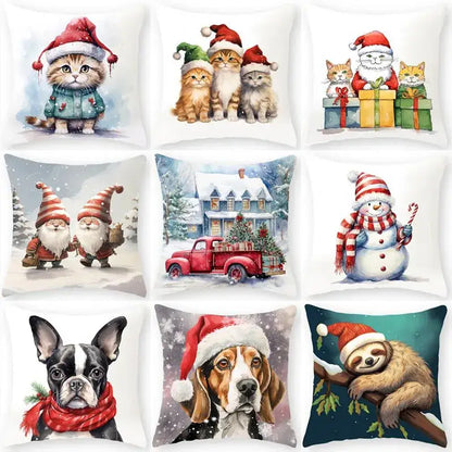 Set of nine animal christmas pillowcases with watercolor cartoon animals on white fabric for living room decorbites cartoon animal collection