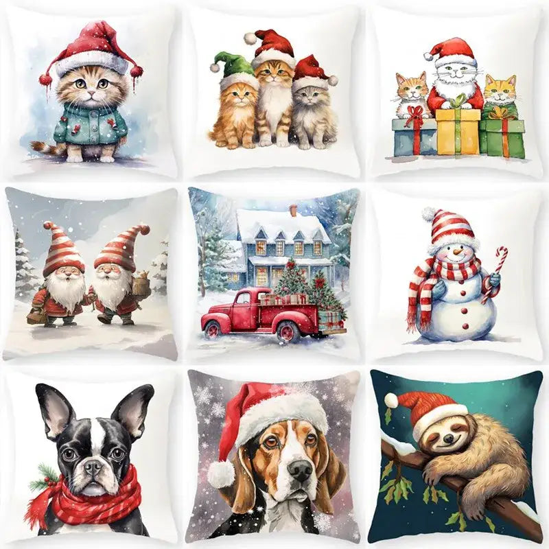 Set of nine animal christmas pillowcases with watercolor cartoon animals on white fabric for living room decorbites cartoon animal collection