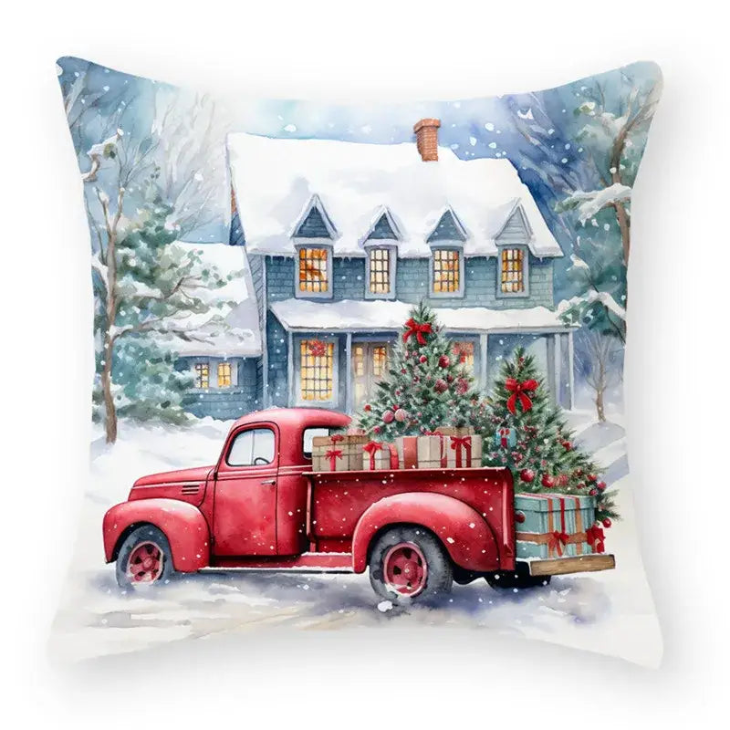 Red vintage pickup truck with christmas trees and gifts in front of blue house on decorbites cartoon animal christmas pillowcase set