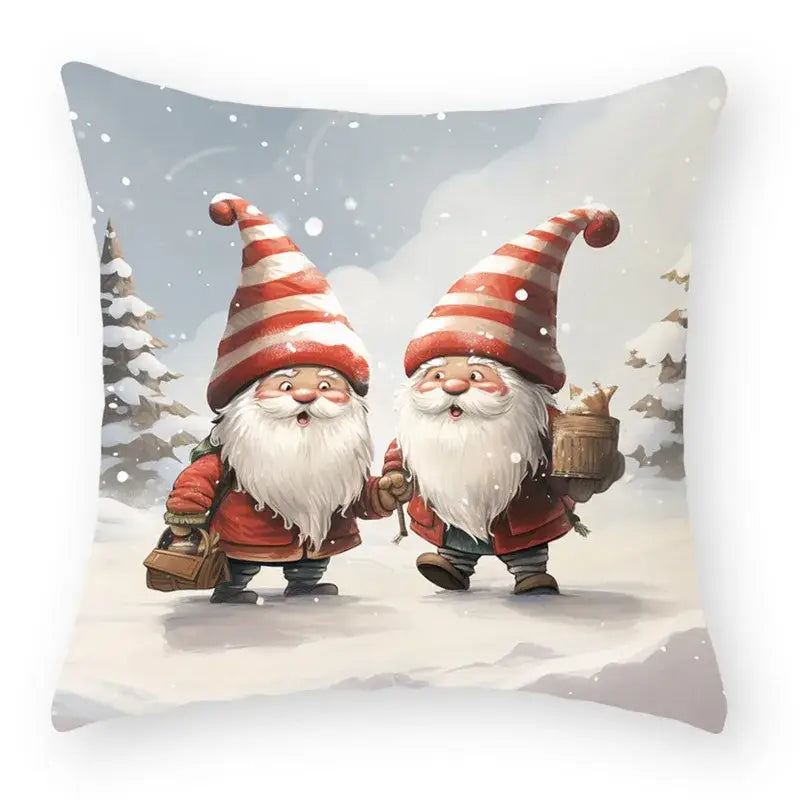 Square throw pillow with cartoon animal christmas gnomes in red and white striped hats for decorbites living room decor