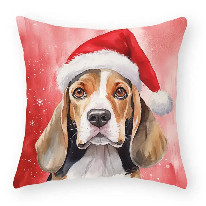 Square throw pillow with a watercolor beagle in a red santa hat on festive pink background for decorbites cartoon animal christmas pillowcase set