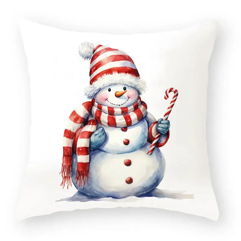 White throw pillow with cartoon animal christmas watercolor snowman holding candy cane from decorbites pillowcase set