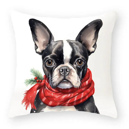 White throw pillow with watercolor boston terrier in red plaid scarf holly accents decorbites cartoon animal christmas pillowcase