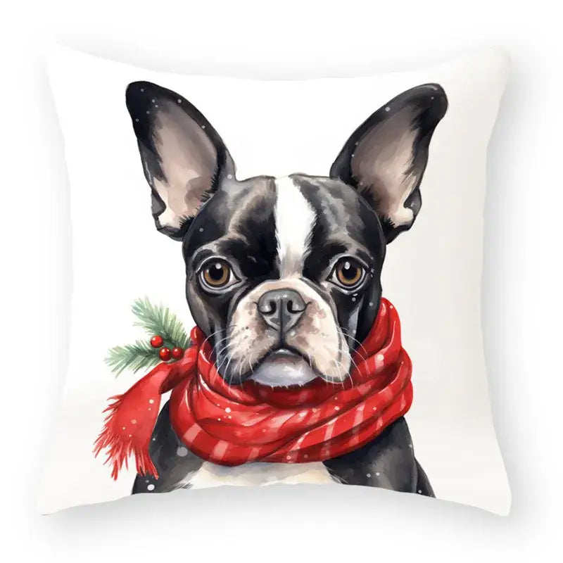 White throw pillow with watercolor boston terrier in red plaid scarf holly accents decorbites cartoon animal christmas pillowcase