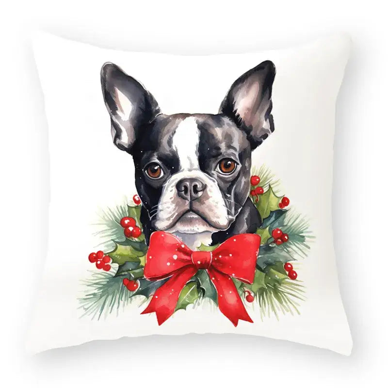 White throw pillow with a watercolor boston terrier and festive holly in cartoon animal christmas pillowcase set by decorbites