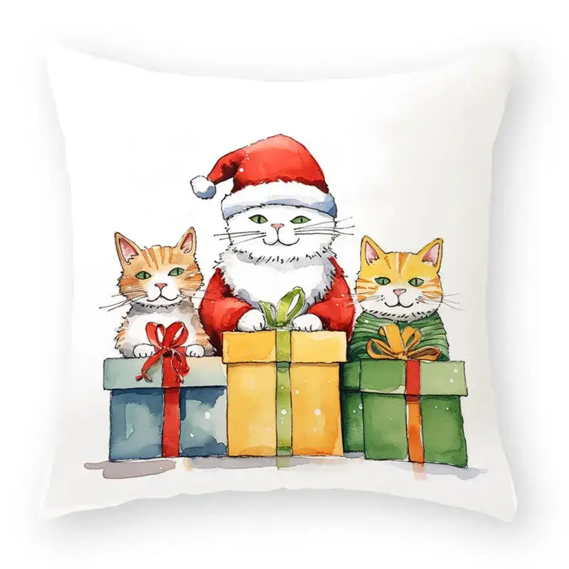 White throw pillow with cartoon animal christmas watercolor illustration of two orange tabbies and santa cat on gifts decorbites animal christmas pillowcase
