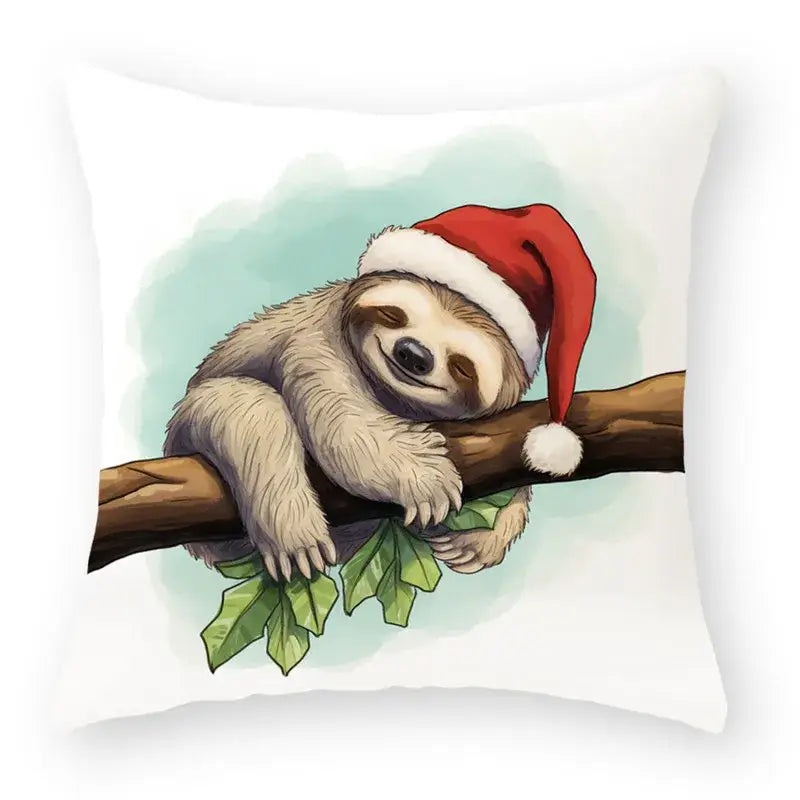 White throw pillow featuring a watercolor sloth in red santa hat on branch with leaves for decorbites cartoon animal christmas pillowcase set