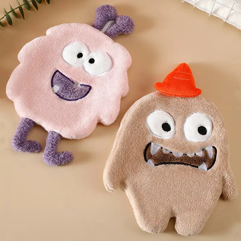 Pink plush cartoon animal coral velvet monster hot water bottle with purple fuzzy antennae and legs for kitchen decor