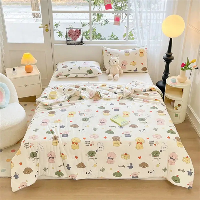 Cute cream-colored kids summer quilt by decorbites featuring cartoon dogs cacti hearts in soft pastel tones knitted comforter