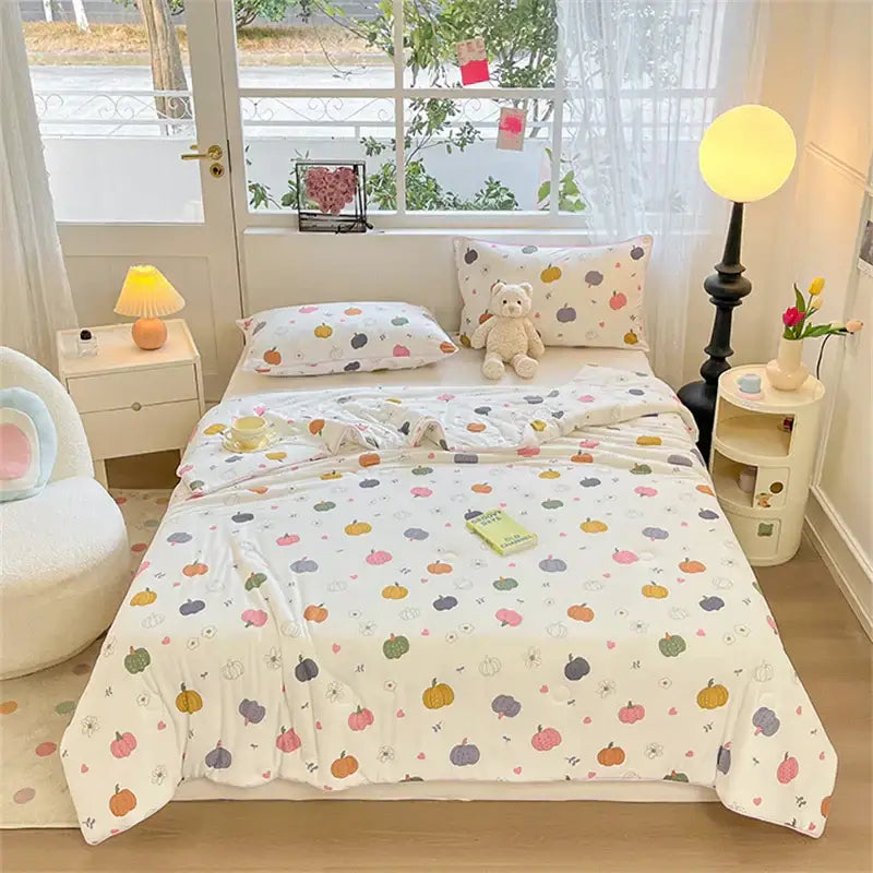 A cozy cream kids summer quilt with multicolored pumpkin and flower pattern from decorbites kids decorbites kids summer