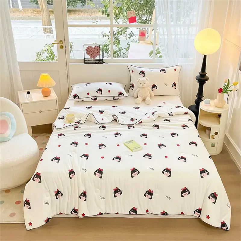 White cartoon animal cream kids summer quilt with red bow girls pattern soft knitted comforter decorbites kids summer