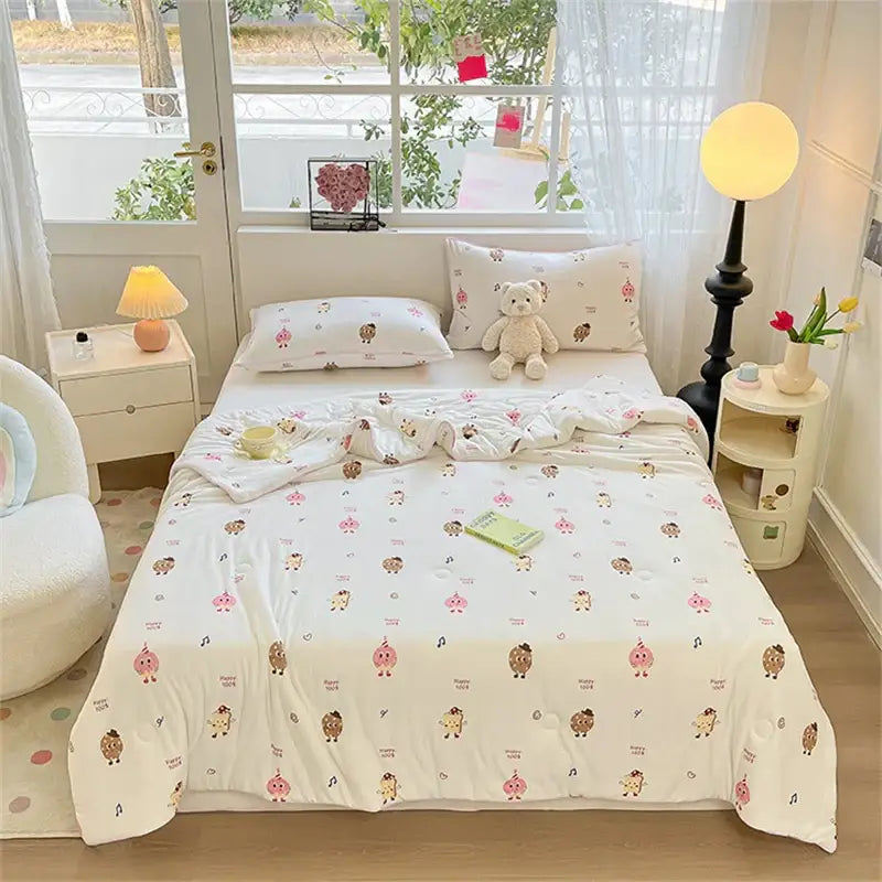White quilted kids summer quilt with playful pink and brown cartoon animal pattern by decorbites kids summer