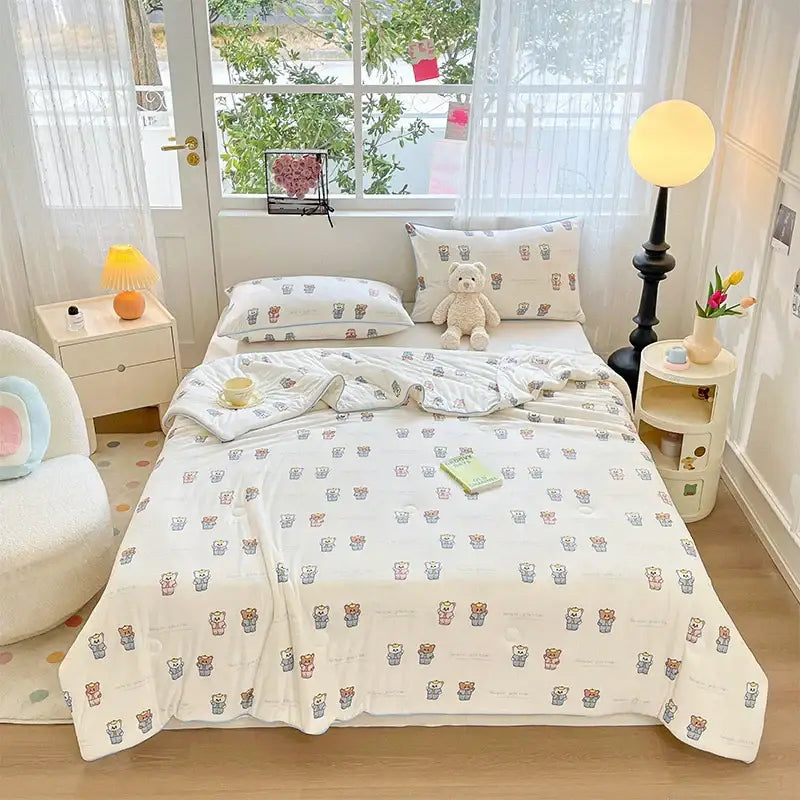 Cream kids summer quilt with pastel teddy bear pattern soft knitted comforter by decorbites kids summer decorbites kids