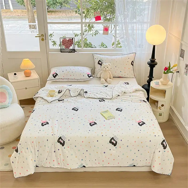 White cream kids summer quilt with black cat face and multicolored dots soft knitted comforter decorbites kids