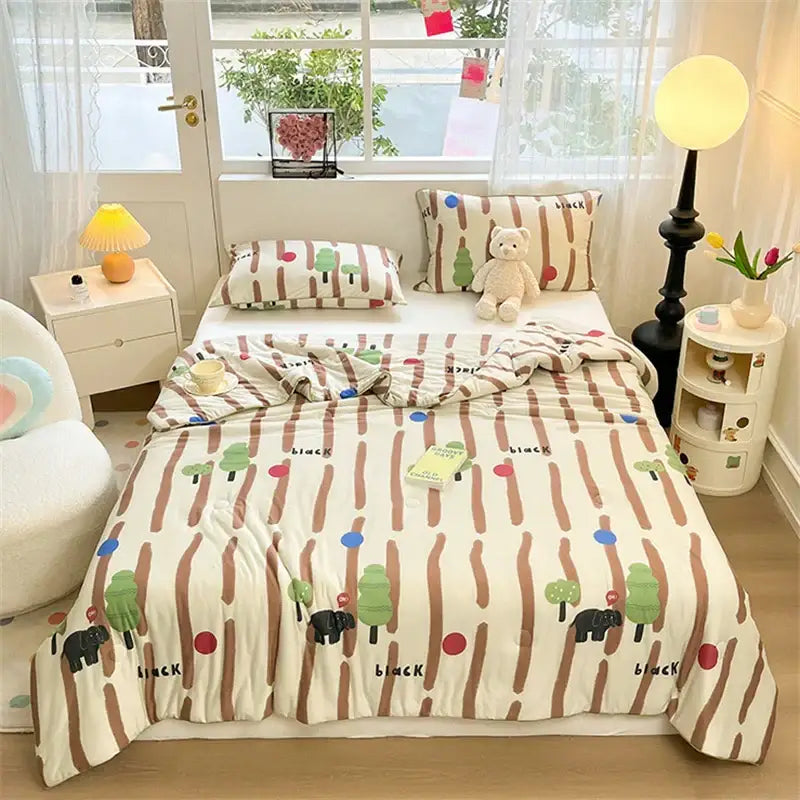 Cream-colored kids summer quilt by decorbites with playful forest pattern soft knitted comforter for bedroom decor