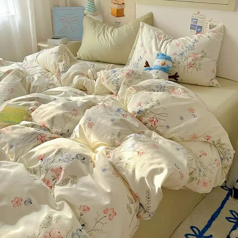 Cream-colored satin quilt cover set with soft shiny fabric and delicate pink blue and green floral blossoms for bedroom bedding