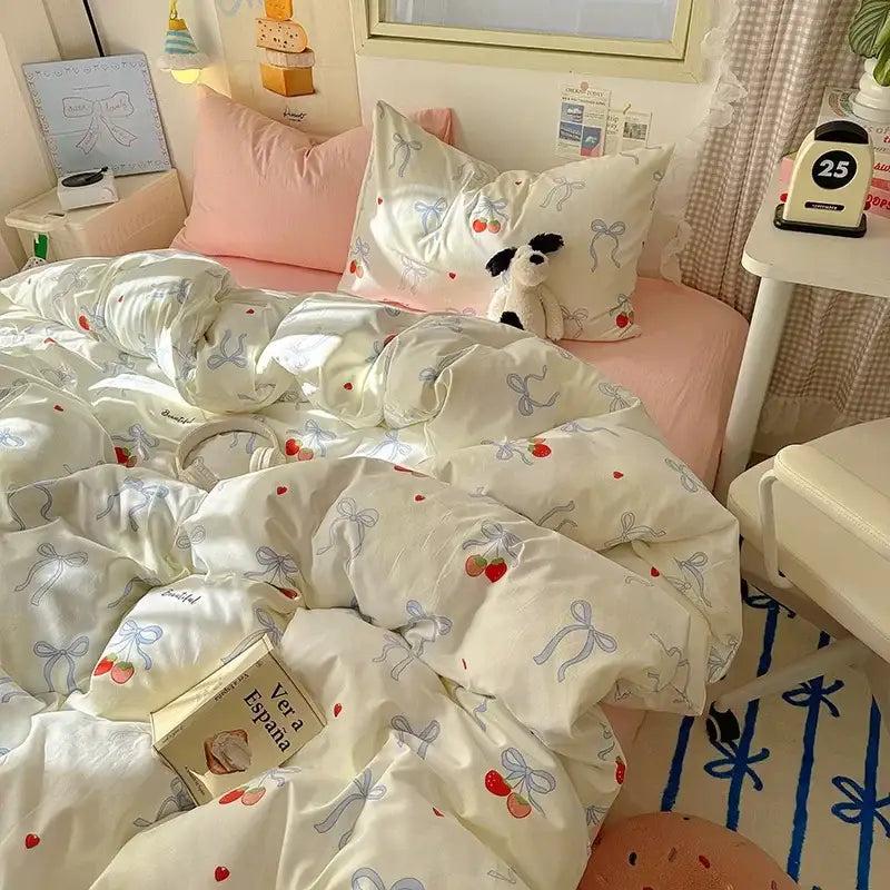 Cream satin quilt cover set featuring a delicate light blue bow and red cherry pattern on soft satin fabric