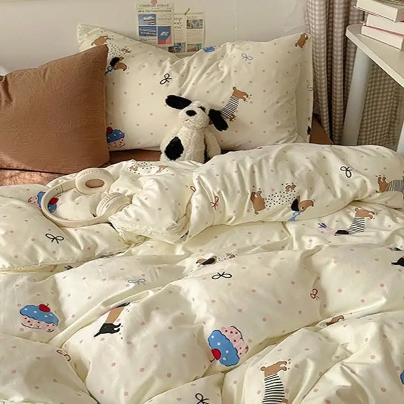 Cream satin quilt cover set featuring playful cartoon animals and cupcakes on soft satin fabric for bedroom use