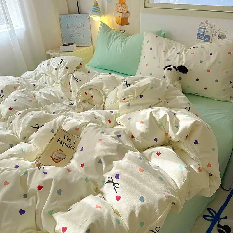 Cream-colored satin quilt cover set with playful multicolored hearts and black bow details for bedroom bedding