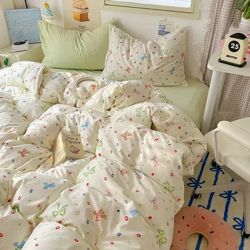 Cream-colored satin quilt cover set with pastel bows dots and tiny birds for bedroom bedding cover set