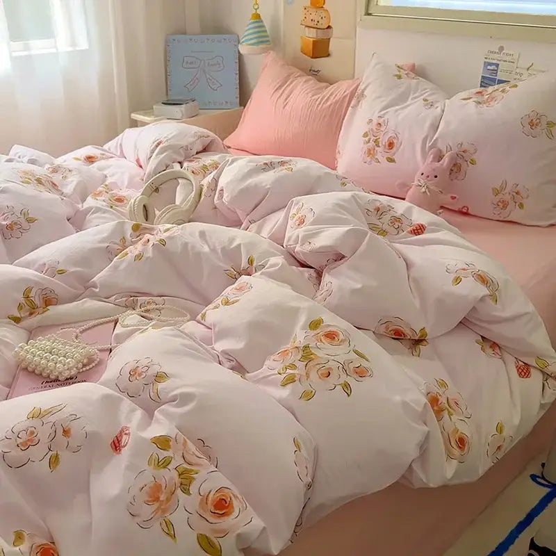 Pink floral quilt cover set with soft plush texture and delicate peachy-orange rose patterns for bedroom bedding