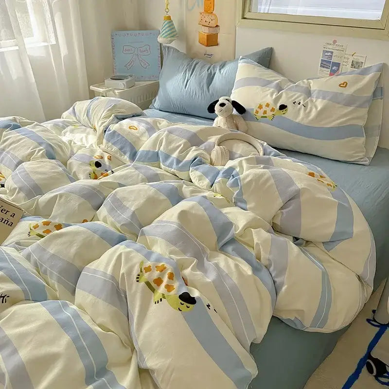 Soft blue and cream striped satin quilt cover set with cute cartoon turtle appliqués for bedroom bedding