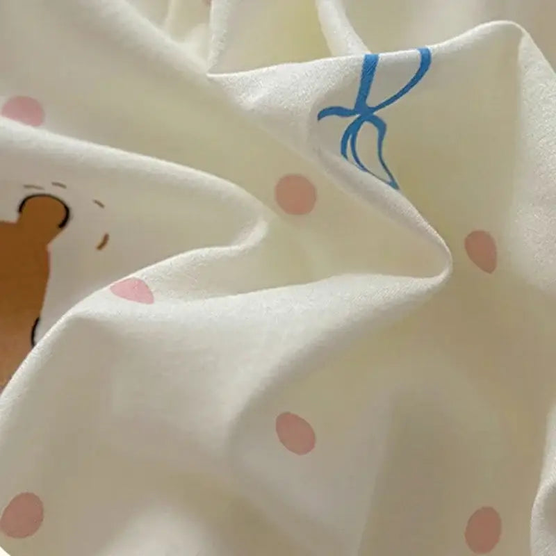 Cartoon animal cream satin quilt cover set featuring soft white fabric with pink polka dots blue ribbon and bear face