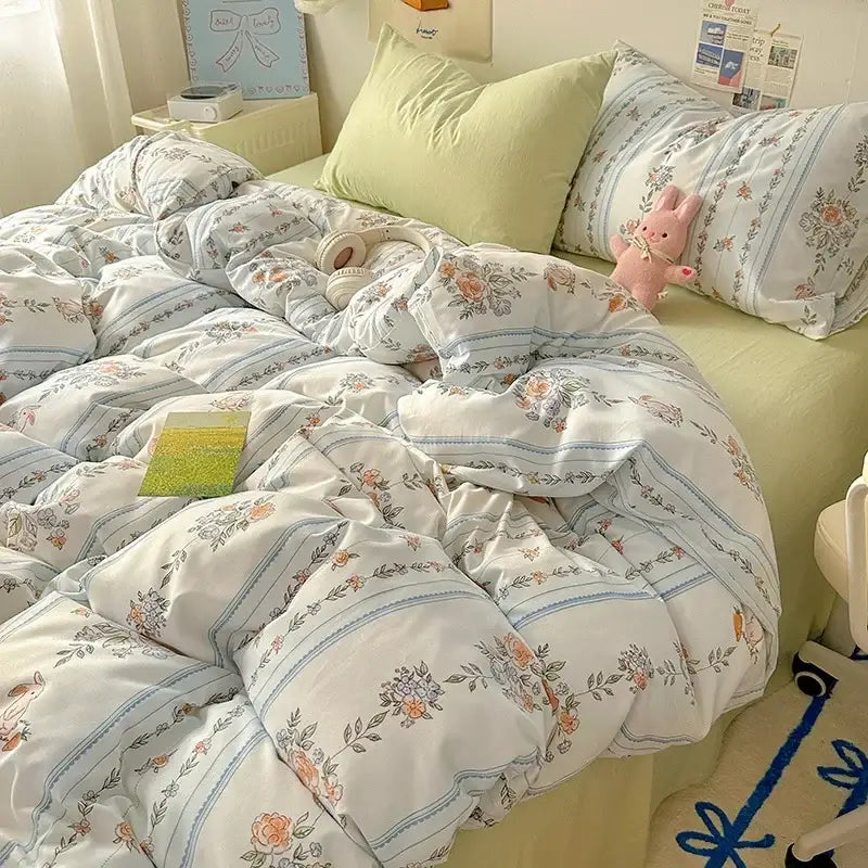 White floral-patterned cream satin quilt cover set with light blue stripes and soft puffy texture for bedroom bedding