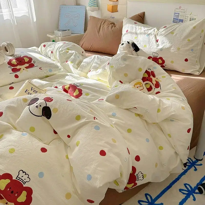 White satin quilt cover set with playful cartoon animals and colorful polka dots for bedroom bedding