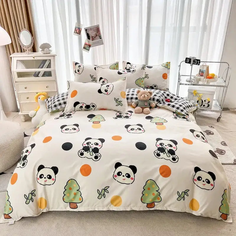 Cute white duvet cover bedding set with decorbites cartoon animal print featuring pandas and trees