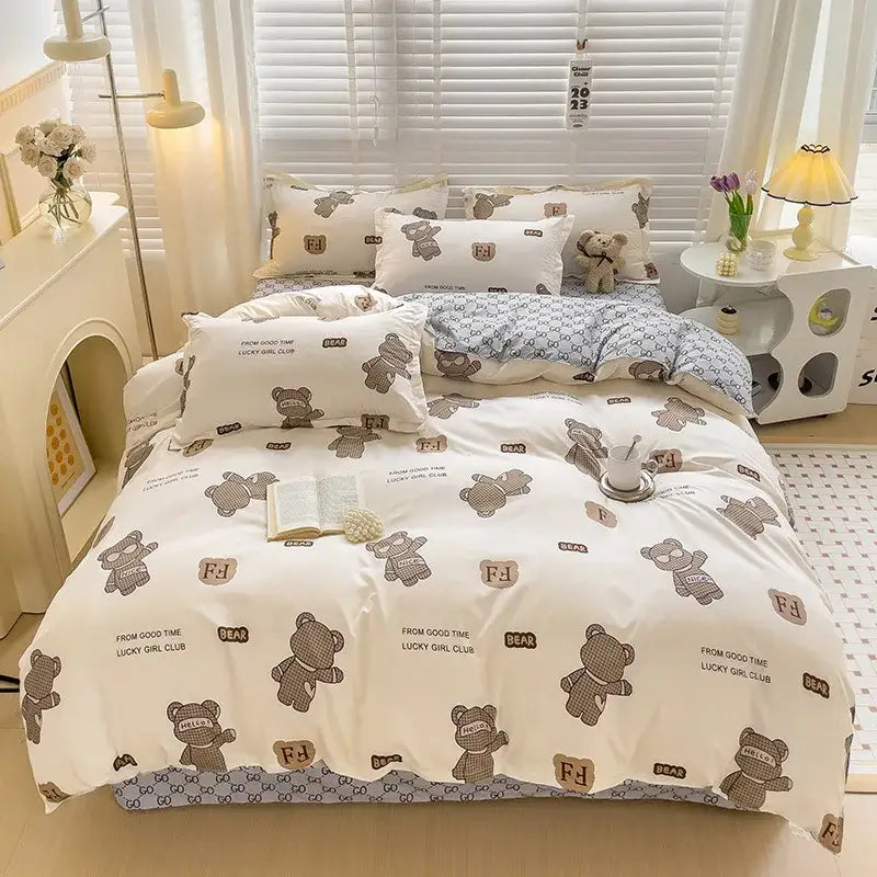 White bedding set with brown teddy bear and fj logo prints with blue and white patterned border for decorbites cartoon animal print bedroom decor