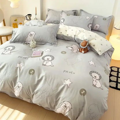 Gray duvet cover bedding set with soft cozy texture featuring decorbites cartoon animal print of lions and stars