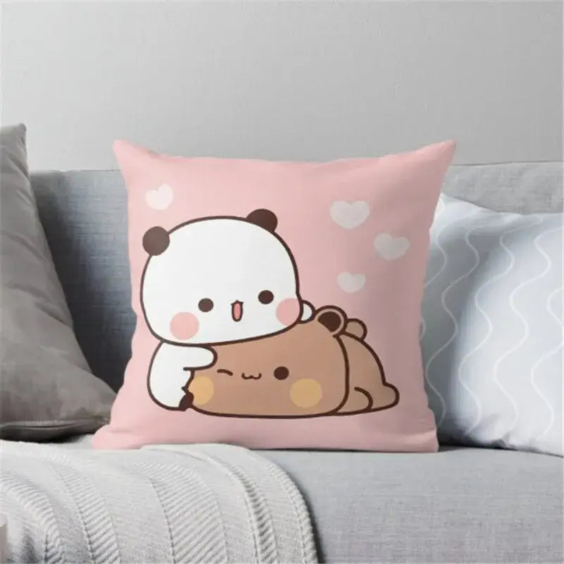 Pink cushion with cartoon animal printed panda and bear design white and pink decorbites animal printed pillowcase cover