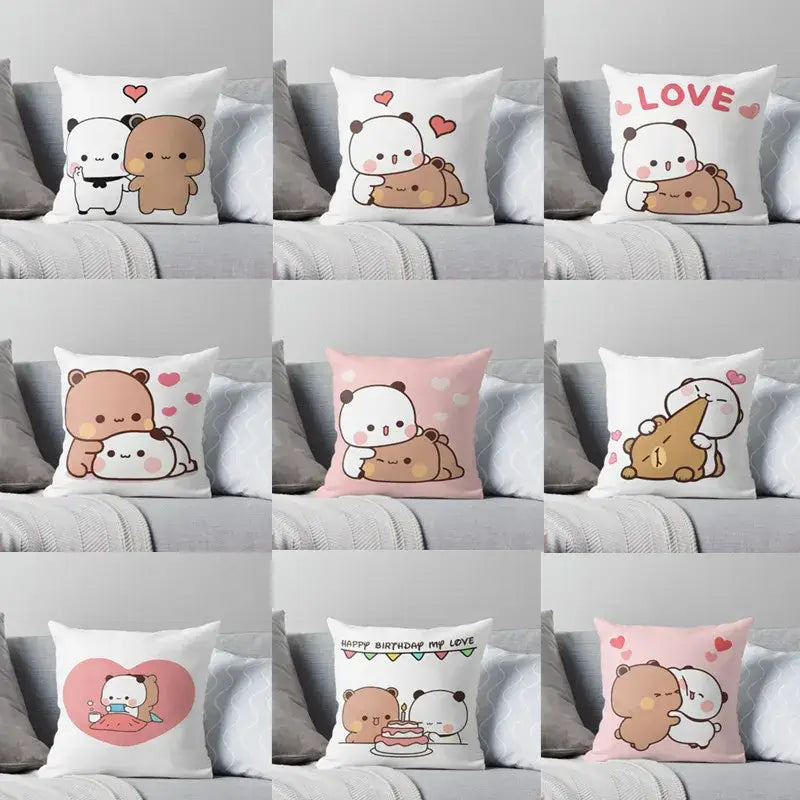 White and pink bedroom cushion cover with adorable cartoon animal printed pillowcase featuring pandas and bears decorbites cartoon animal