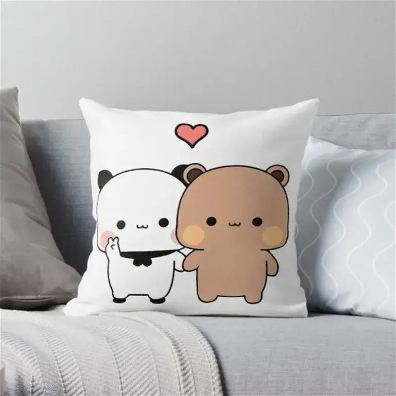 White square pillow with decorbites cartoon animal printed design of two kawaii bears holding hands and pink heart