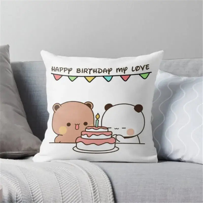 White throw pillow with decorbites cartoon animal printed design featuring two bears birthday celebration text happy birthday my love