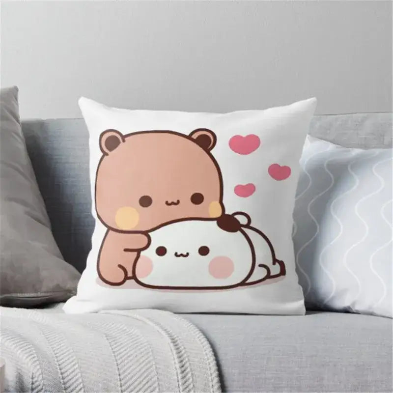 White throw pillow with decorbites cartoon animal printed design of two bears and pink hearts animal printed pillowcase