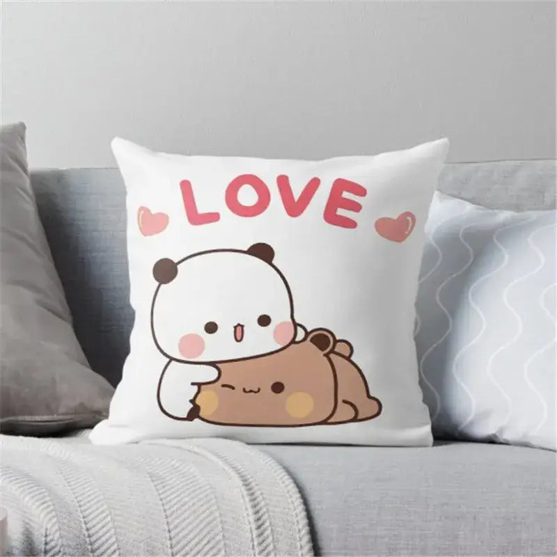 White throw pillow with decorbites cartoon animal printed design featuring panda bear pink love text hearts animal printed pillowcase