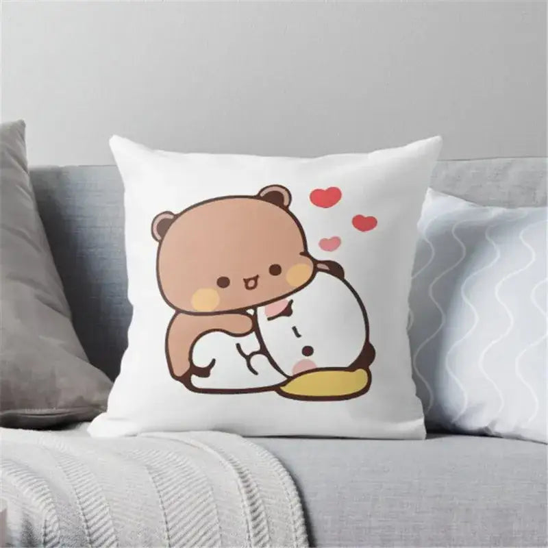 White throw pillow with decorbites cartoon animal printed illustration of two hugging bears and red hearts for bedroom decor